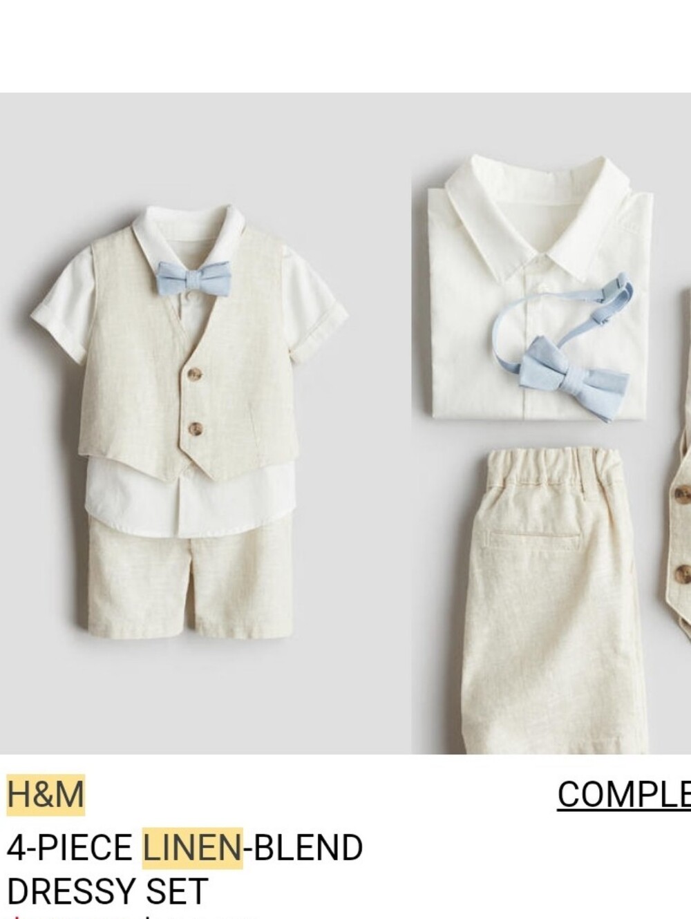 NWT H&M 4-Piece Linen-Blend Dressy Set Light Beige/White 4T - Picture 4 of 4